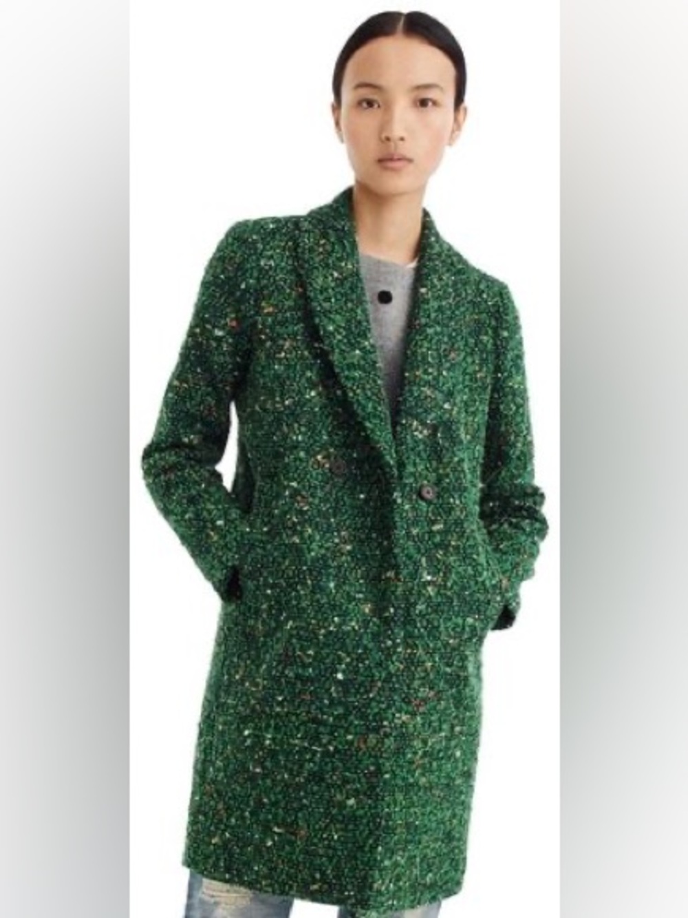 J. Crew Green Tweed Blazer with Navy Lining and Gold Chain Trim